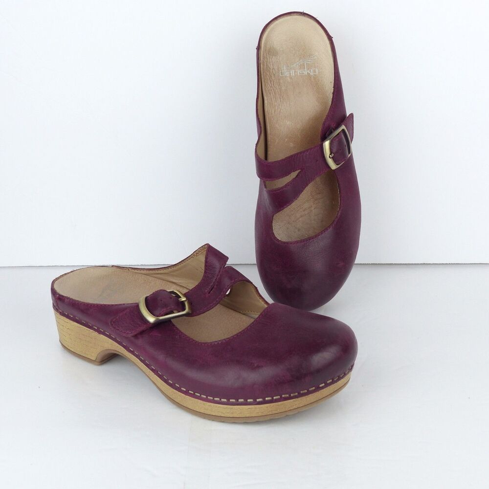 Dansko Britney Mule Clogs Womens 38 Burgundy Leather Mary Jane Buckle Boho 70s